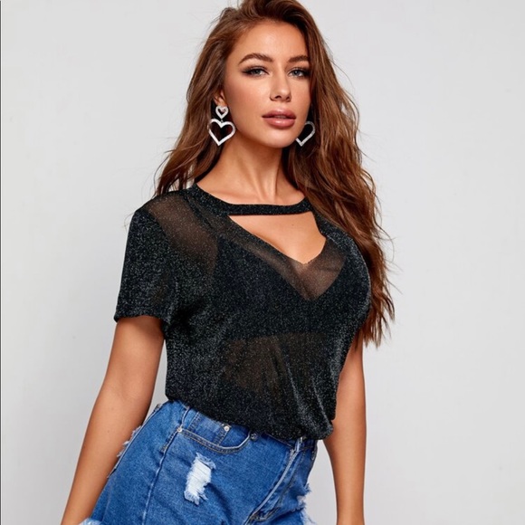 Semi Sheer Keyhole Sparkle Top w/o Bra - Picture 3 of 3